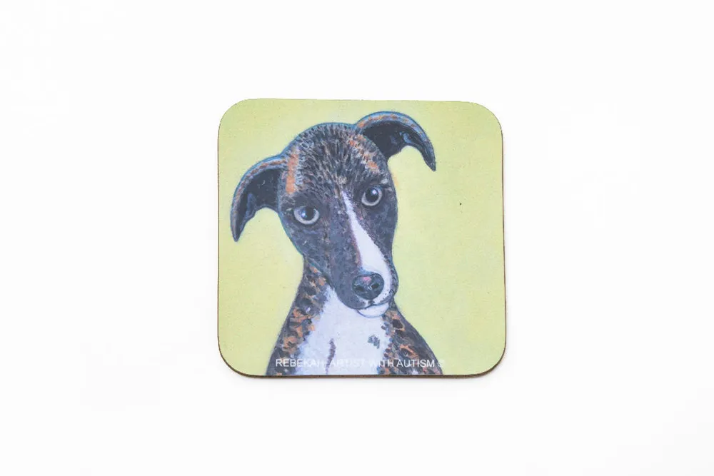 Brindle Lurcher in Yellow Coaster