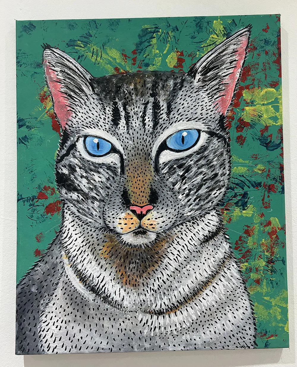 Cat in Green Abstract on Canvas