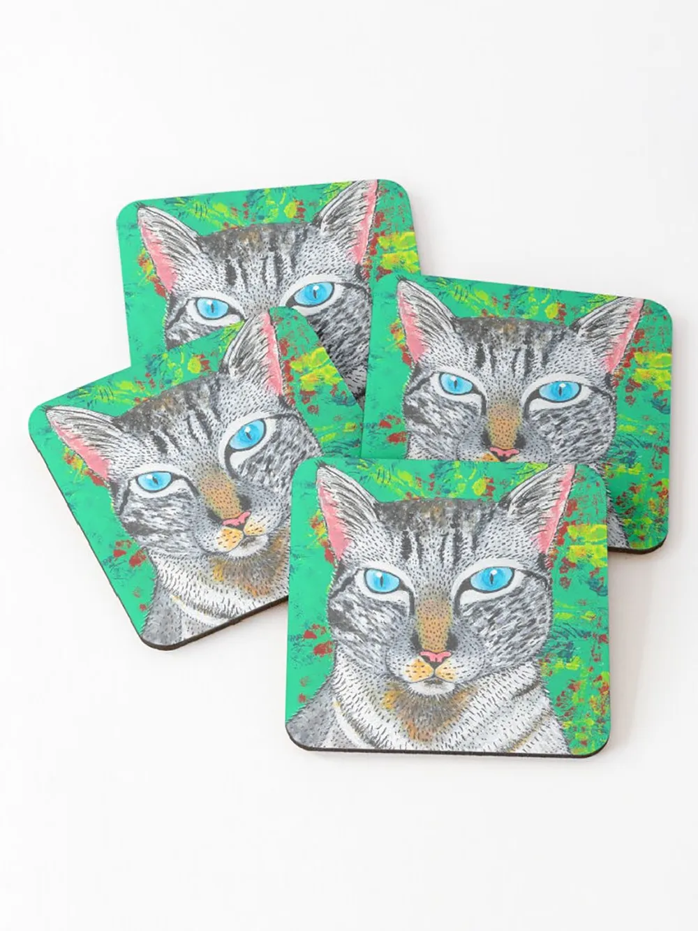 Cat in Green Abstract Coaster