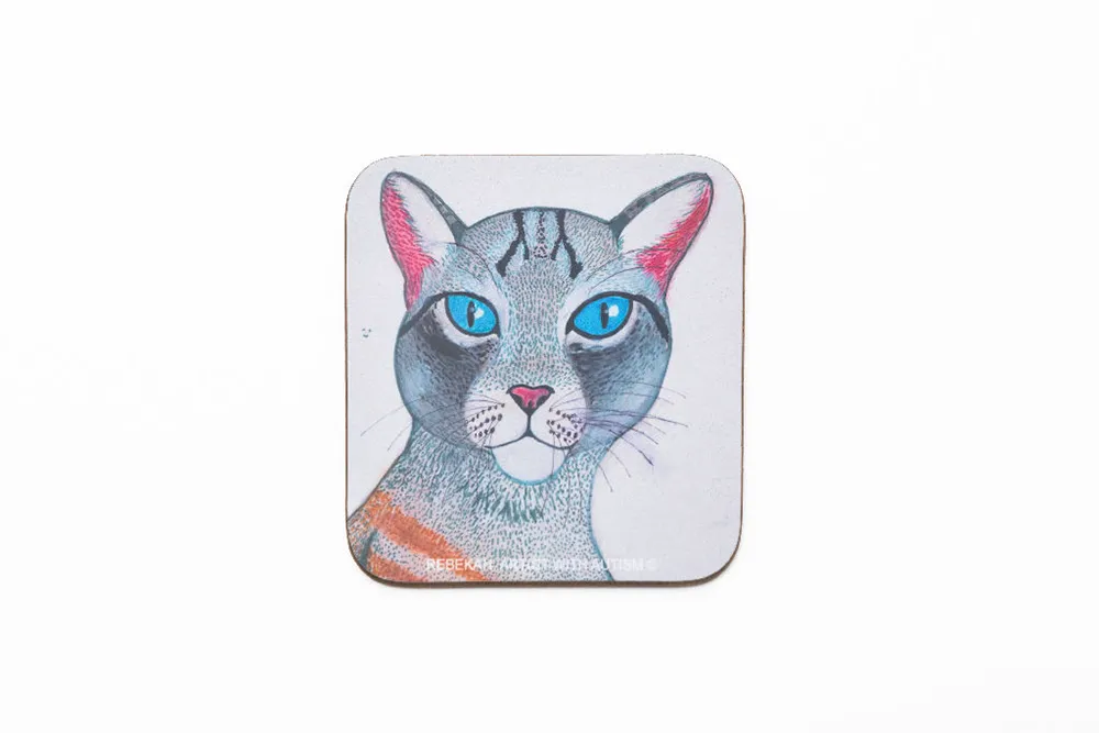 Gray-Blue Eyed Tabby Cat Coaster