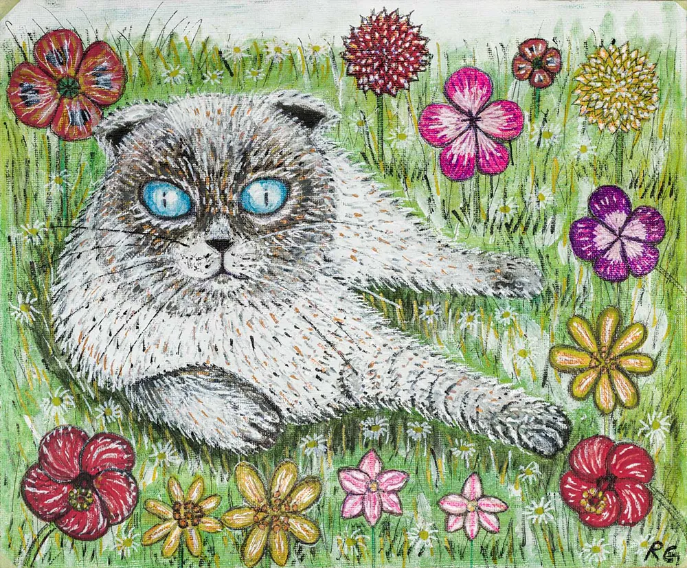 White Cat with Blue Eyes in Flowers